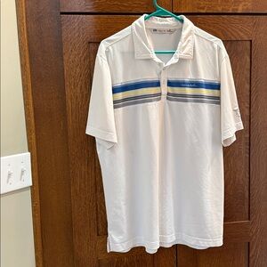 Travis Mathew White Striped Golf Polo Shirt Raven Phoenix on sleeve. Men’s Large